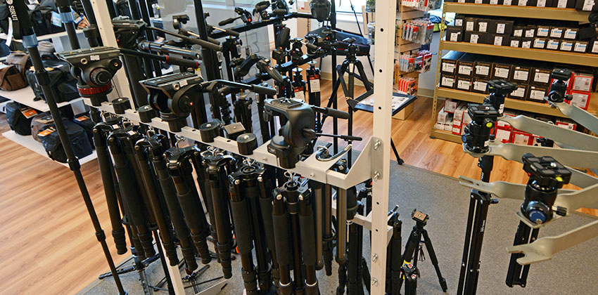 Tripods, monopods and heads on display